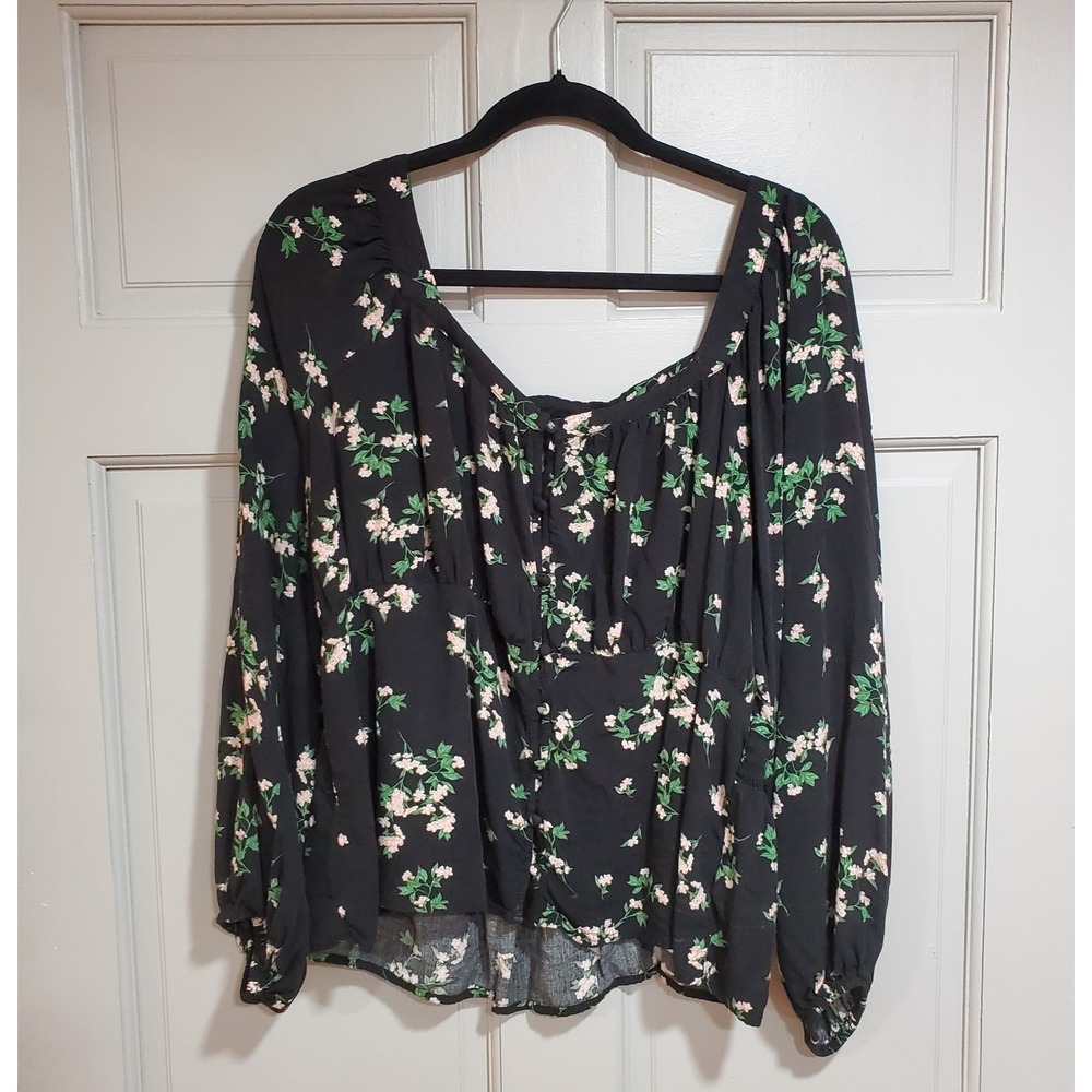 Old Navy Women Multi Colored Floral Scoop Peplum Top 2X Ballon Sleeves Casual